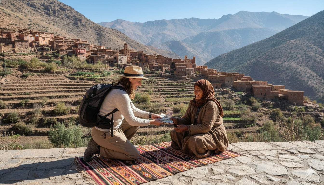 Village berbère dans l'Atlas marocain avec touriste achetant un tapis